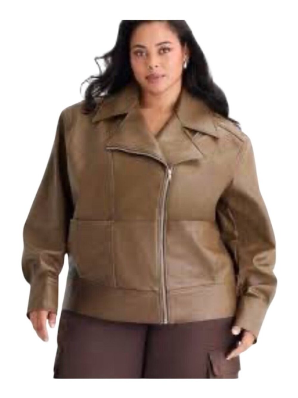 Ashley Graham Womens Plus Faux Leather Midweight Motorcycle Jacket Brown Size 5X
